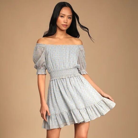 NWT Lulu’s Touch of Glam Dusty Blue Dotted Off-the-Shoulder Mini Dress size L - Picture 1 of 16